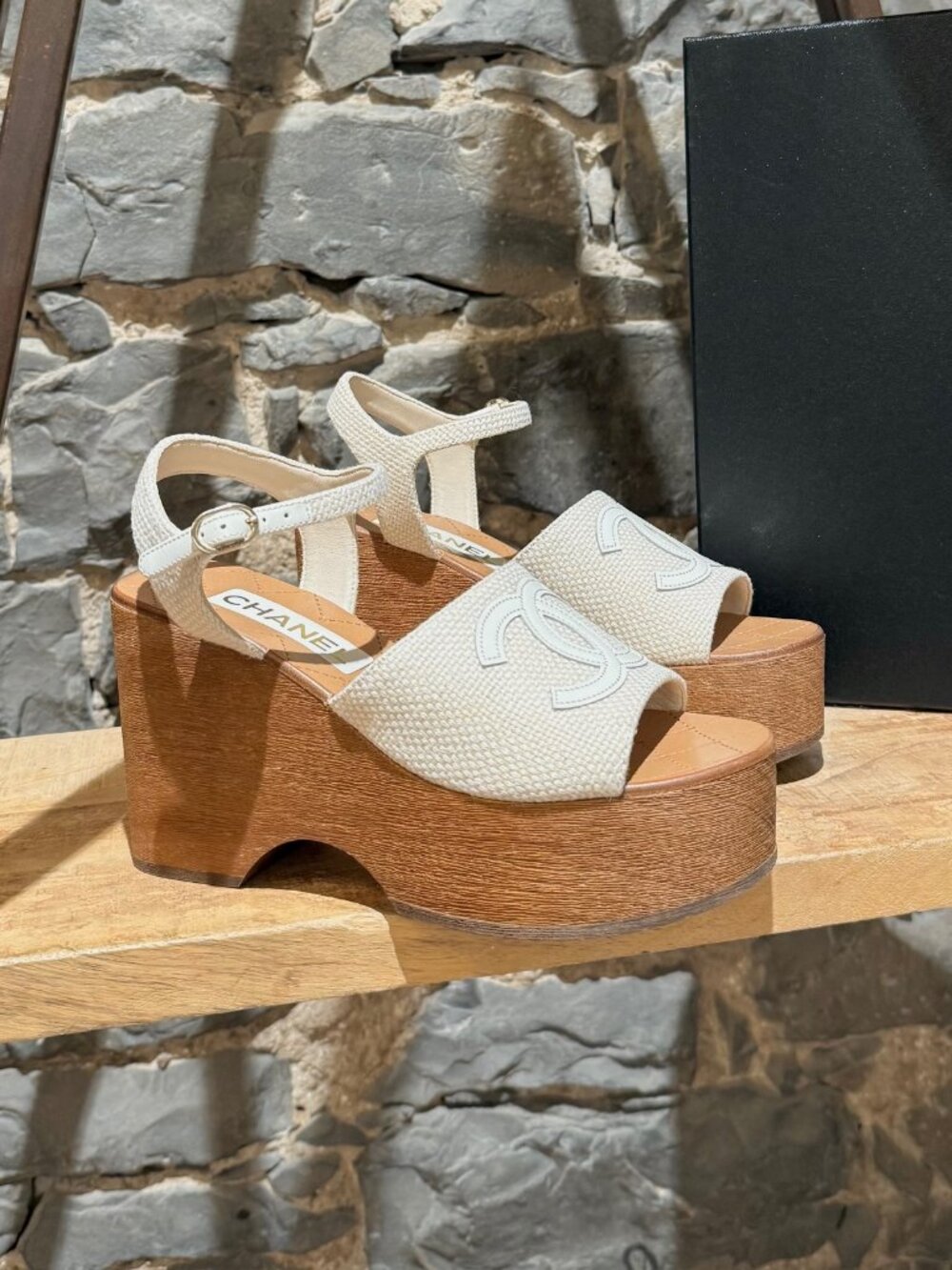 Chanel 2024 Ivory CC Wedge Wood Clog Sandals